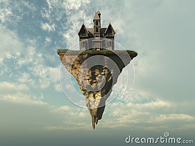 Old house on a piece of land suspended in the sky Cartoon Illustration