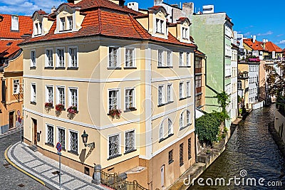 Old houses along Certovka river in Prague, Czech Republic. Stock Photo