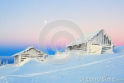 The old houses for rest for cold winter morning. Stock Photo