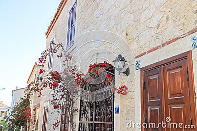Old Houses view in historical Alacati Town. Alacati is populer tourist destination in Turkey. Editorial Stock Photo