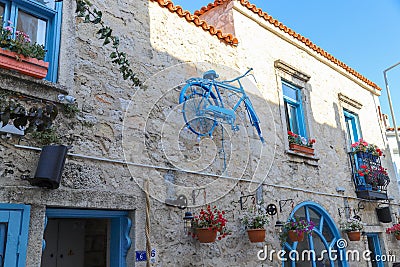 Old Houses view in historical Alacati Town. Alacati is populer tourist destination in Turkey. Editorial Stock Photo