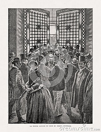Old illustration of a people at the hall du CrÃ©dit Lyonnais Editorial Stock Photo