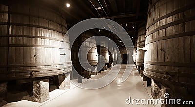 Old image of winery with wooden barrels Stock Photo