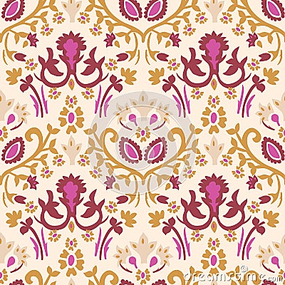 Old indian arabesque damask seamless vector pattern. Ornate spice color marsala red yellow middle eastern style Vector Illustration