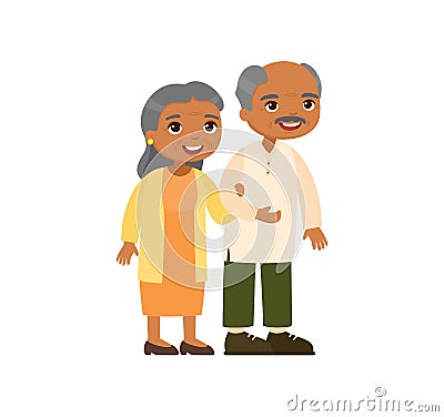 Old indian couple. Senior couple smiling and walking together. Vector Illustration