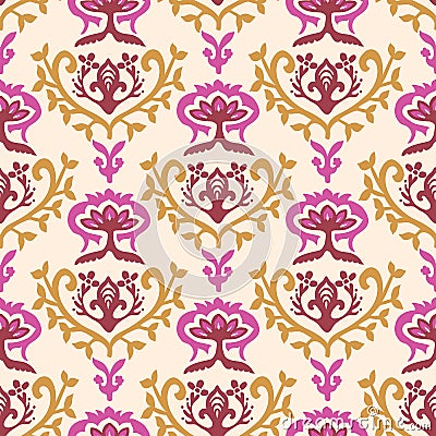 Old indian luxe gold arabesque damask seamless vector pattern. Ornate fuchsia pink persian flourish. Middle eastern Vector Illustration