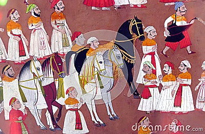 Old Indian mural male warriors with horses isolated on an empty background Editorial Stock Photo