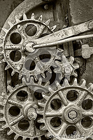 Old industrial mechanism with rusty gearwheels Stock Photo