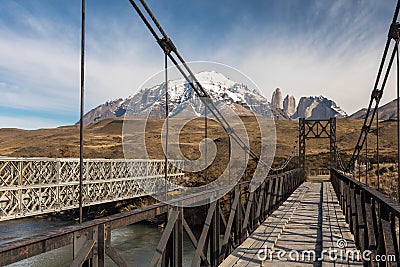 Old iron bridge at Torres del Paine Stock Photo