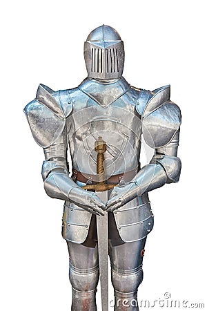Old iron knight harnass with sword Stock Photo