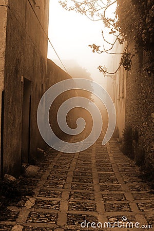 Old Italy ,Sicily, fog in Eriche city Stock Photo