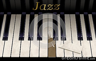 An old jazz piano keyboard has a broken key from aggressive piano playing. The emblem on the piano says Jazz in this close up look Cartoon Illustration