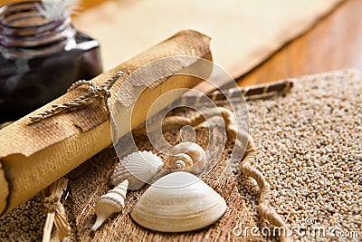 Old journal book, scroll and quill pen Stock Photo