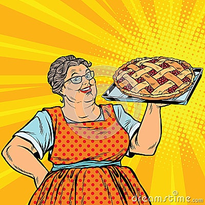 Old joyful retro woman with berry pie Vector Illustration