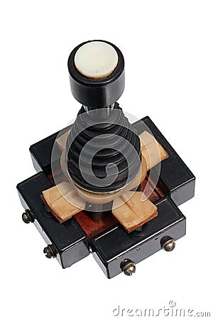 Old joystick made of four push buttons and a handle, isolated against white background Stock Photo