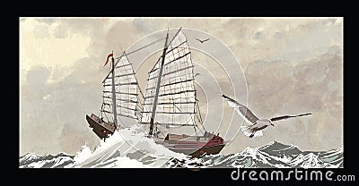 Old junk on a rough sea Vector Illustration