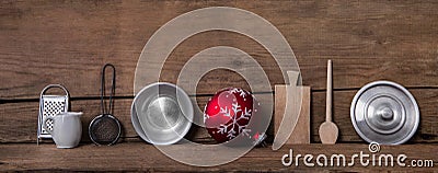 Old kitchen miniatures on wooden background for christmas decora Stock Photo