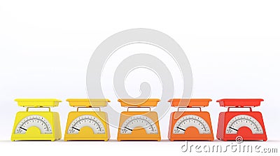 Old kitchen scales of different colors isolated on white background with free space for text or logo. Copy space. 3D rendering. Stock Photo