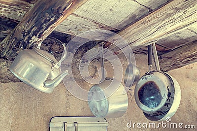 Old kitchen utensils in aluminum. Photo in styles vintage Stock Photo