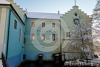 Old Krizik Hydroelectric Power Plant and Museum waterfront buildings over Otava River in winter day architectural monument of Editorial Stock Photo