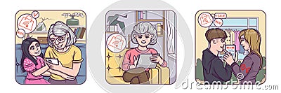 Old ladies holding smartphone and tablet and shopping online Vector Illustration