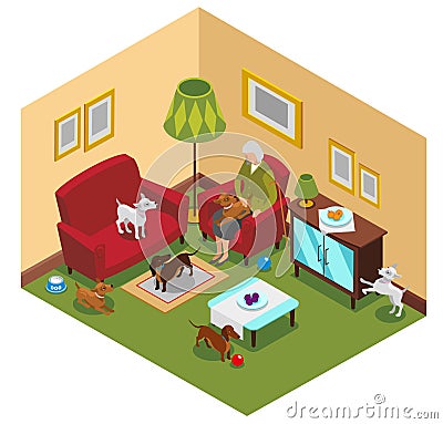 Old Lady Dogs Isometric Composition Vector Illustration