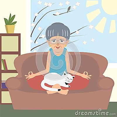 Old lady doing yoga with cat at home vector cartoon Vector Illustration