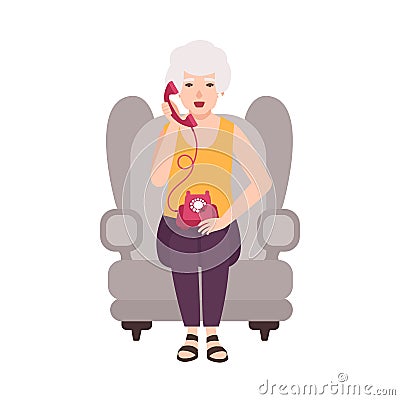 Old lady, elderly woman or granny sitting in cozy armchair and talking on phone. Portrait of grandmother at home Vector Illustration