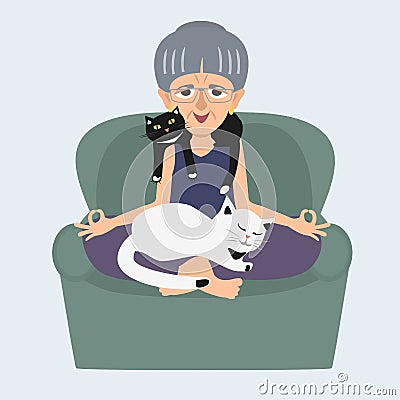 Old lady meditating at home with cats vector cartoon Vector Illustration