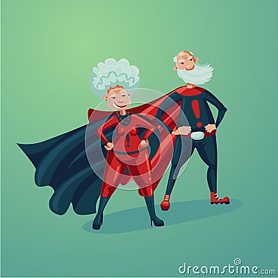 Super hero couple. Old lady and senior adult man. Comics style vector illustration. Vector Illustration