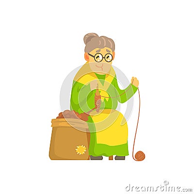 Old lady spinning ball of wool Vector Illustration