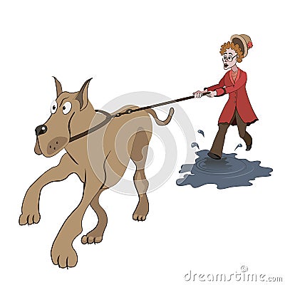 Old lady trying to walk with big dog. Vector Illustration