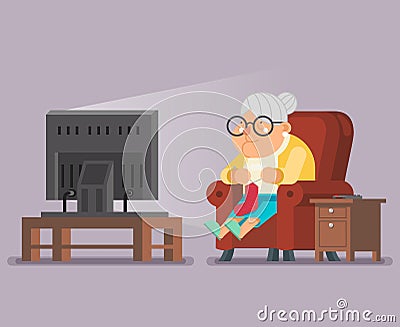 Old Lady Watching TV Sit Armchair Cartoon Character Flat Design Vector Illustration Vector Illustration