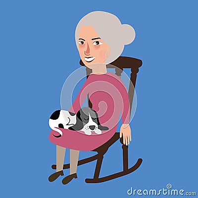 Old lady woman senior with cat sleeping in her lap sitting in chair Vector Illustration