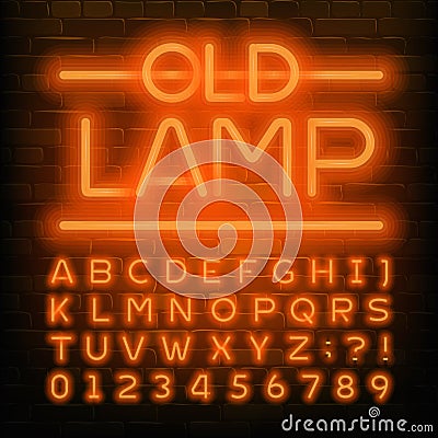 Old Lamp alphabet font. Orange neon retro letters and numbers. Brick wall background. Vector Illustration