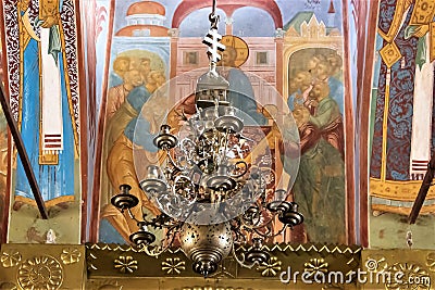 Russia, Rostov, July 2020. Bronze chandelier in front of the altar in the old church. Editorial Stock Photo