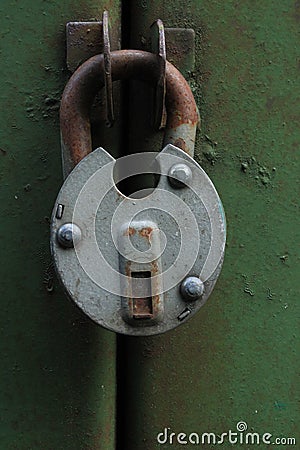 Old large lock on the cabinet. Russia. Stock Photo