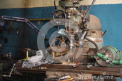 Old Lathes machine are used in woodturning, metalworking, metal Stock Photo