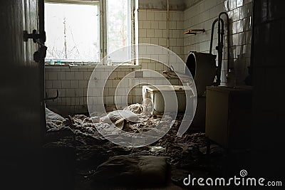 Old laundry room of abandoned hospital Stock Photo