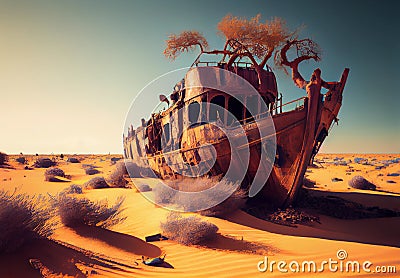 old leaky ship in the desert. the ship ran aground on a dune. Stock Photo