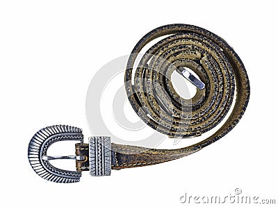 Old leather belt with silver buckle Stock Photo