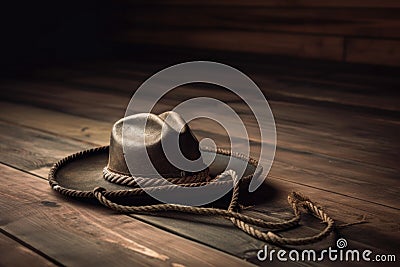 old leather cowboy hat with frayed rope and worn buckle on dusty wooden floor Stock Photo