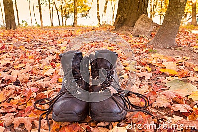 Old leather hiking boots autumn fall forest hike Stock Photo