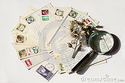 Old letters, french post cards. nostalgic vintage Editorial Stock Photo