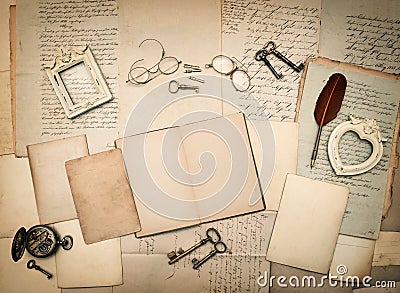 Old letters and photo frames. Vintage things, handwritten docume Stock Photo