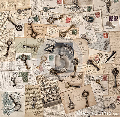 Old letters postcards keys woman rose flower Editorial Stock Photo