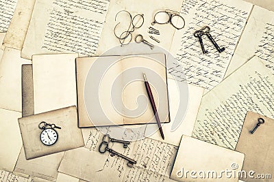 Old letters postcards open journal used paper background Stock Photo