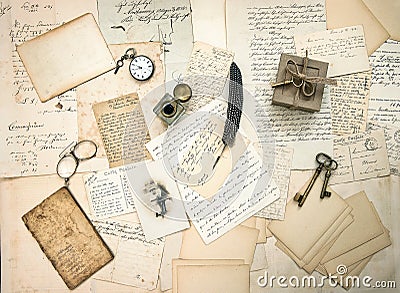 Old letters and postcards, vintage accessory and antique photo Stock Photo