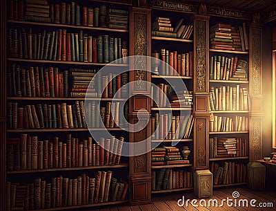 Old Library, Vintage Bookshelf, Ancient Bookcase, Antique Book Shop Abstract Generative Ai Illustration Stock Photo