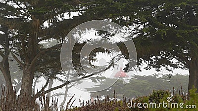 Old lighthouse fresnel lens glowing, foggy rainy weather. Illuminated beacon USA Stock Photo